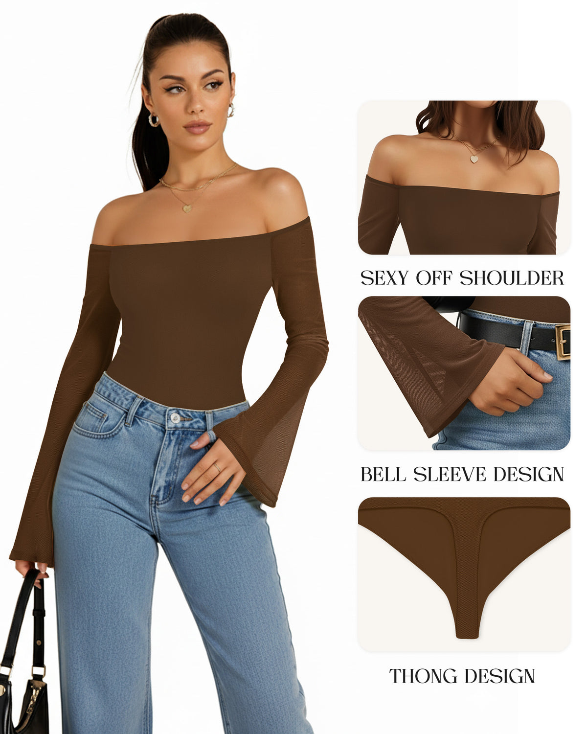 MANGOPOP Off-Shoulder Mesh Bell Sleeve Bodysuit Brown