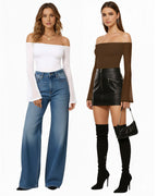 MANGOPOP Off-Shoulder Mesh Bell Sleeve Bodysuit Brown