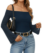 MANGOPOP Off-Shoulder Mesh Bell Sleeve Bodysuit Dark Blue