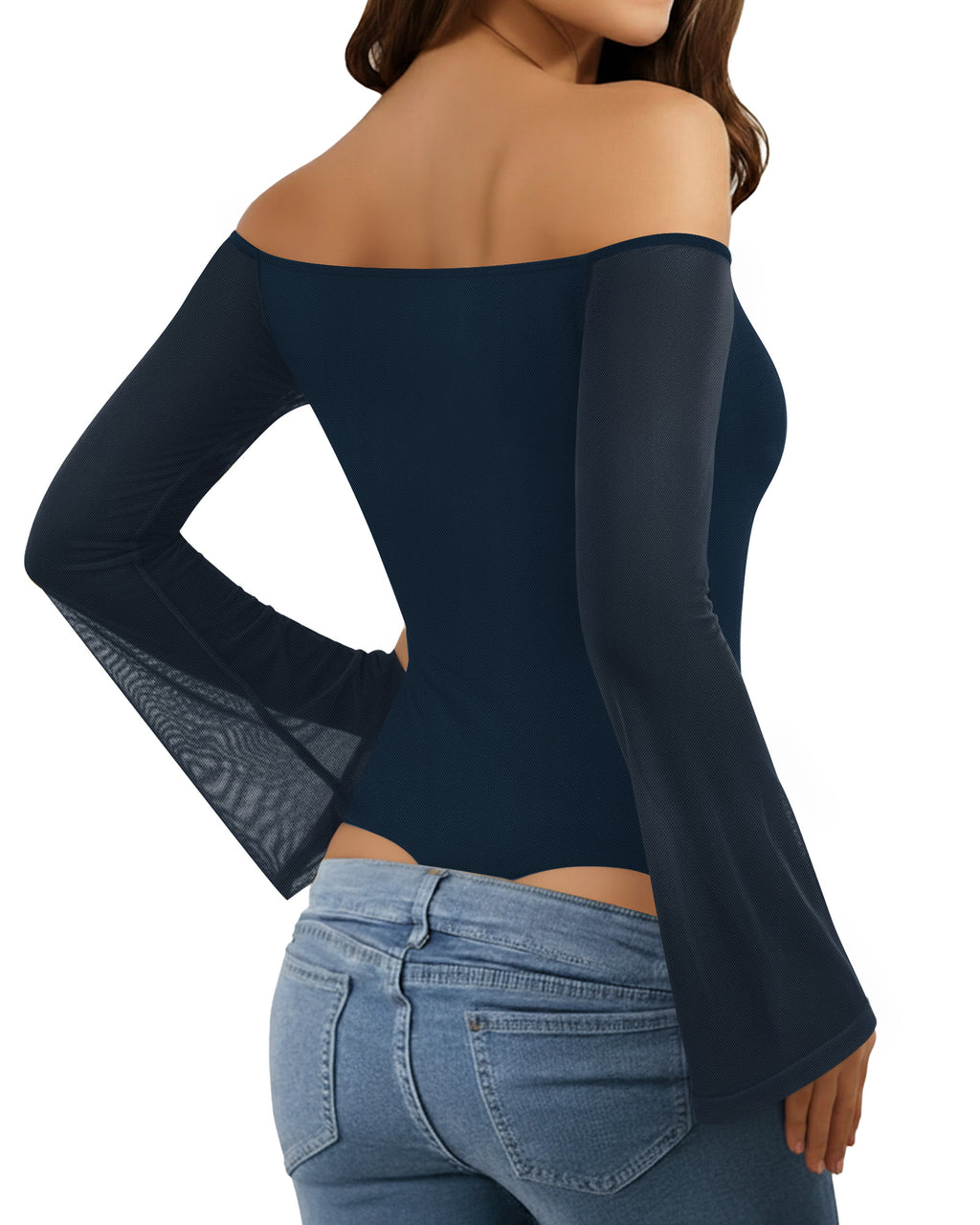 MANGOPOP Off-Shoulder Mesh Bell Sleeve Bodysuit Dark Blue