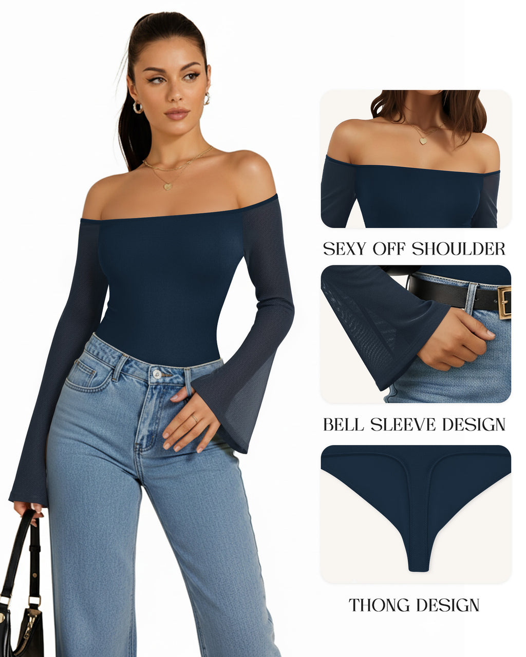 MANGOPOP Off-Shoulder Mesh Bell Sleeve Bodysuit Dark Blue