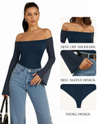 MANGOPOP Off-Shoulder Mesh Bell Sleeve Bodysuit Dark Blue