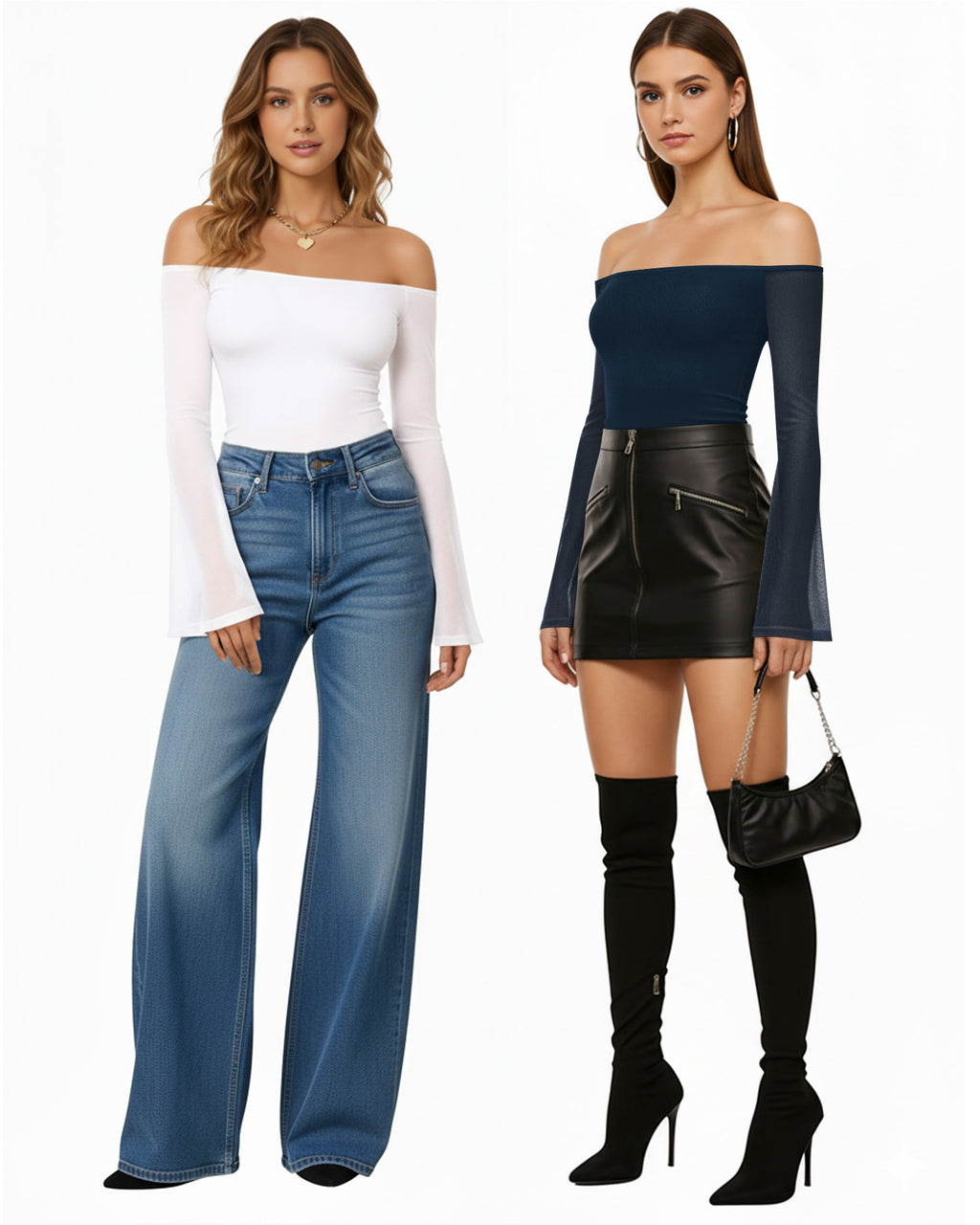 MANGOPOP Off-Shoulder Mesh Bell Sleeve Bodysuit Dark Blue