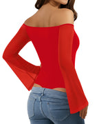 MANGOPOP Off-Shoulder Mesh Bell Sleeve Bodysuit Red