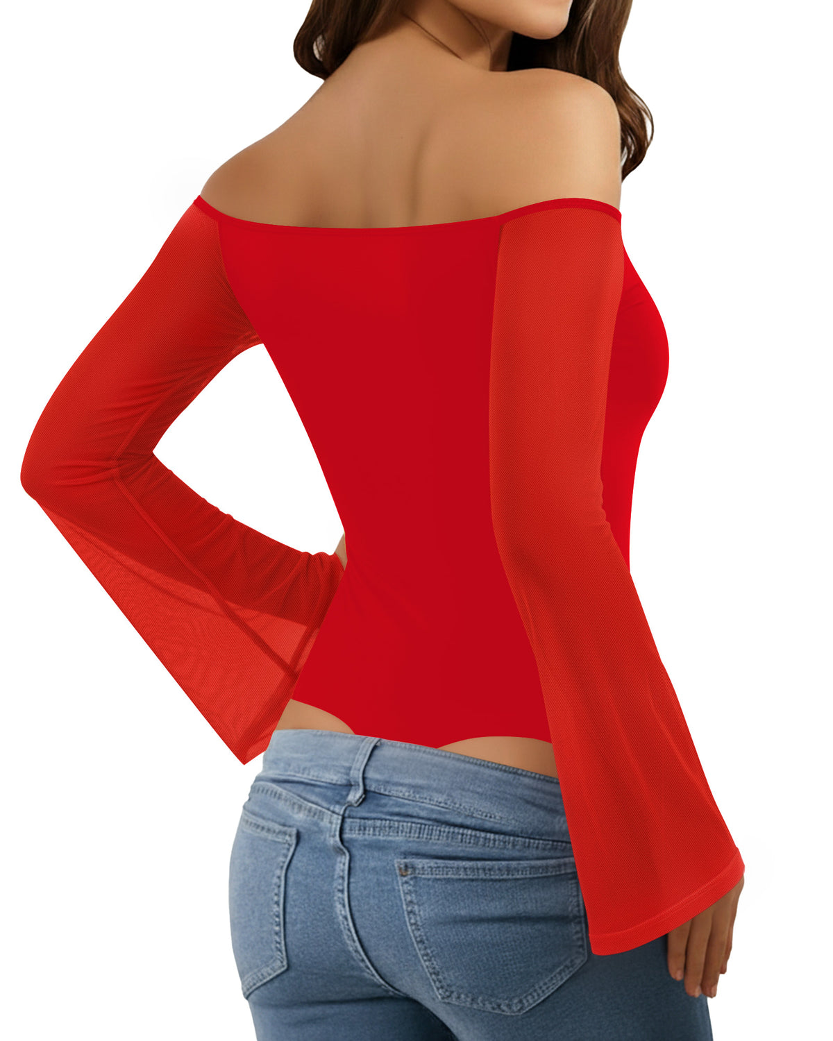 MANGOPOP Off-Shoulder Mesh Bell Sleeve Bodysuit Red