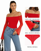 MANGOPOP Off-Shoulder Mesh Bell Sleeve Bodysuit Red