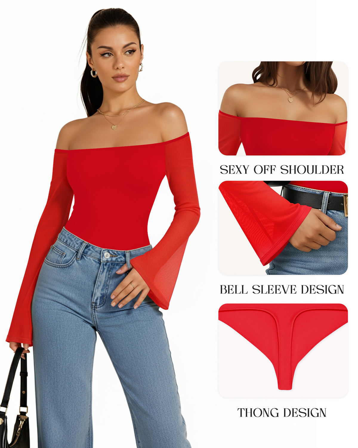 MANGOPOP Off-Shoulder Mesh Bell Sleeve Bodysuit Red