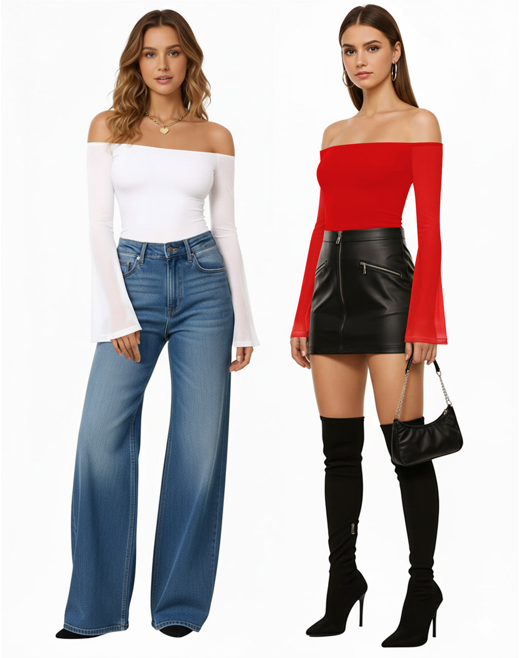 MANGOPOP Off-Shoulder Mesh Bell Sleeve Bodysuit Red