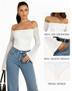 MANGOPOP Off-Shoulder Mesh Bell Sleeve Bodysuit White