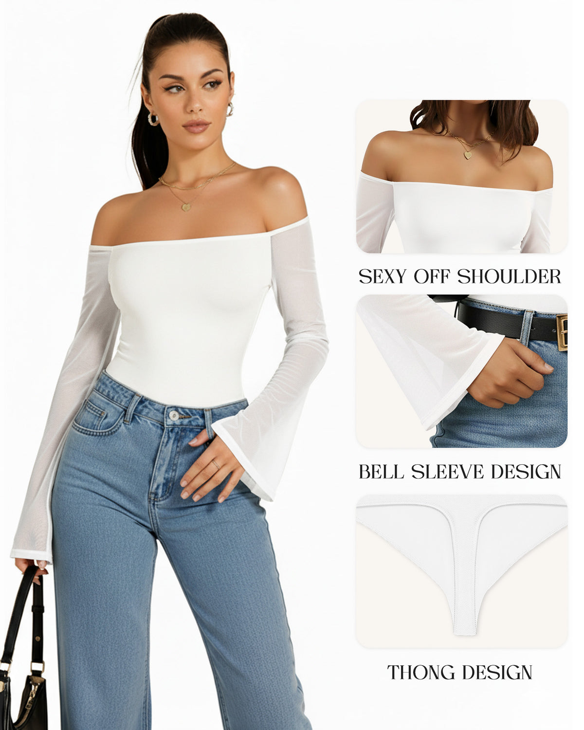 MANGOPOP Off-Shoulder Mesh Bell Sleeve Bodysuit White