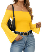 MANGOPOP Off-Shoulder Mesh Bell Sleeve Bodysuit Yellow