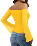 MANGOPOP Off-Shoulder Mesh Bell Sleeve Bodysuit Yellow