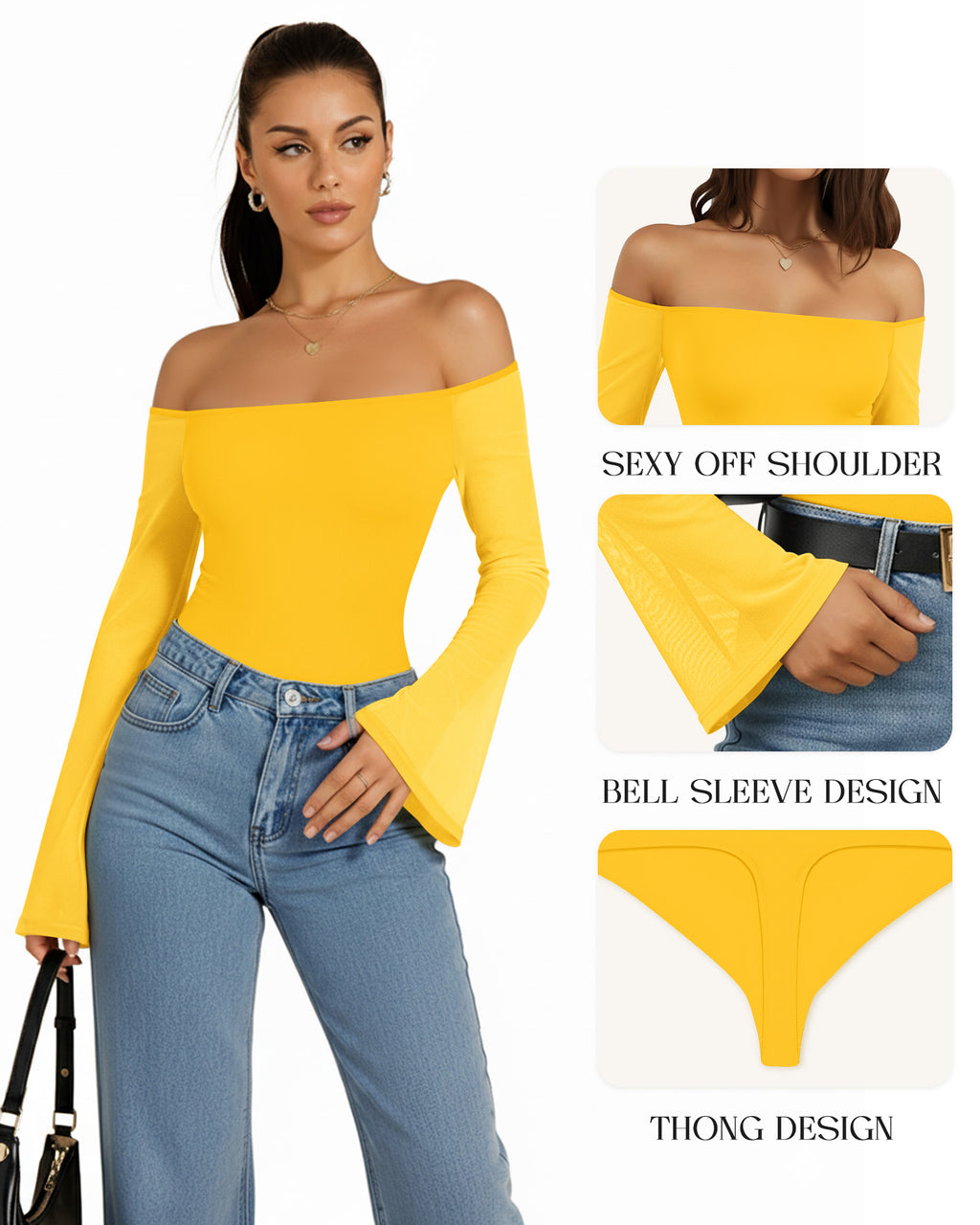 MANGOPOP Off-Shoulder Mesh Bell Sleeve Bodysuit Yellow