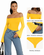 MANGOPOP Off-Shoulder Mesh Bell Sleeve Bodysuit Yellow