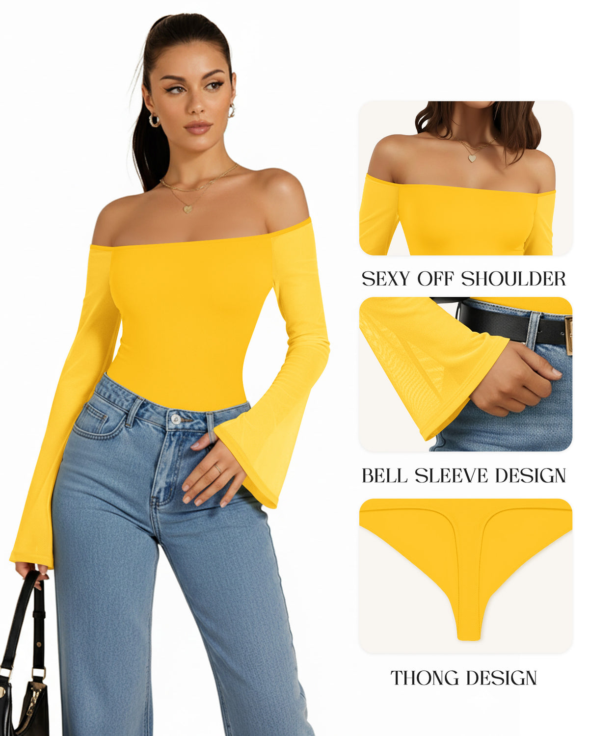MANGOPOP Off-Shoulder Mesh Bell Sleeve Bodysuit Yellow