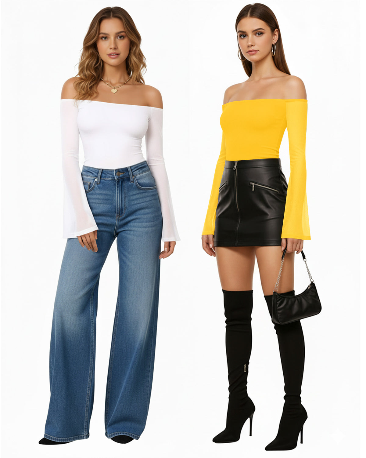 MANGOPOP Off-Shoulder Mesh Bell Sleeve Bodysuit Yellow