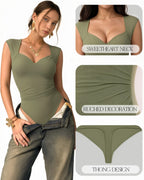 MANGOPOP Mesh Ruched Sweetheart Neck Sleeveless Bodysuit Army Green