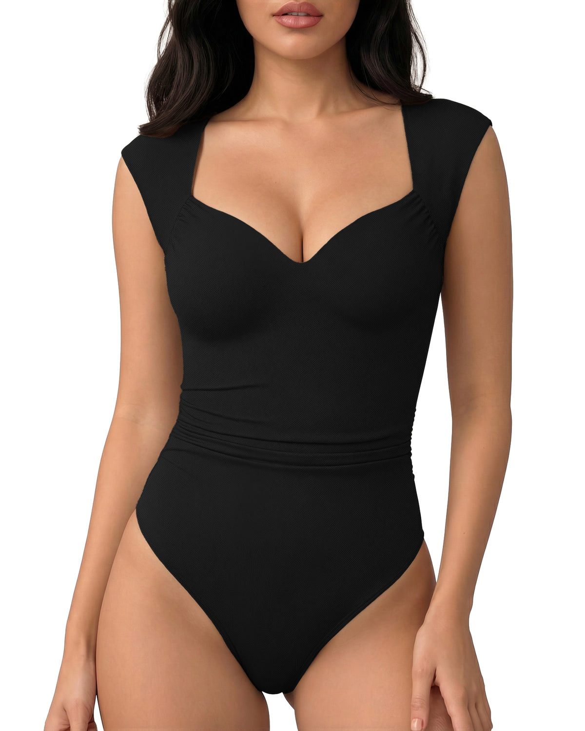 MANGOPOP Mesh Ruched Sweetheart Neck Sleeveless Bodysuit Black