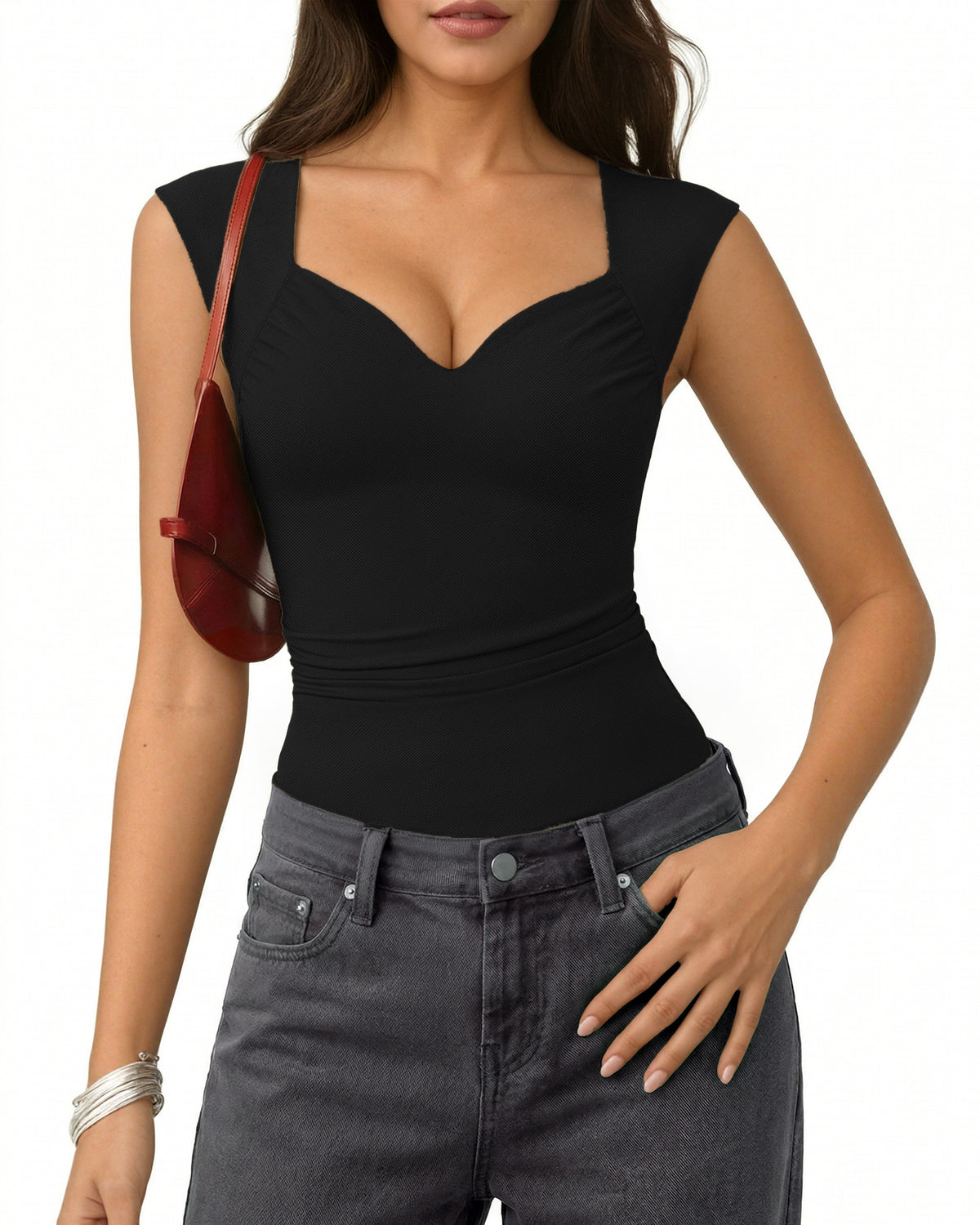 MANGOPOP Mesh Ruched Sweetheart Neck Sleeveless Bodysuit Black