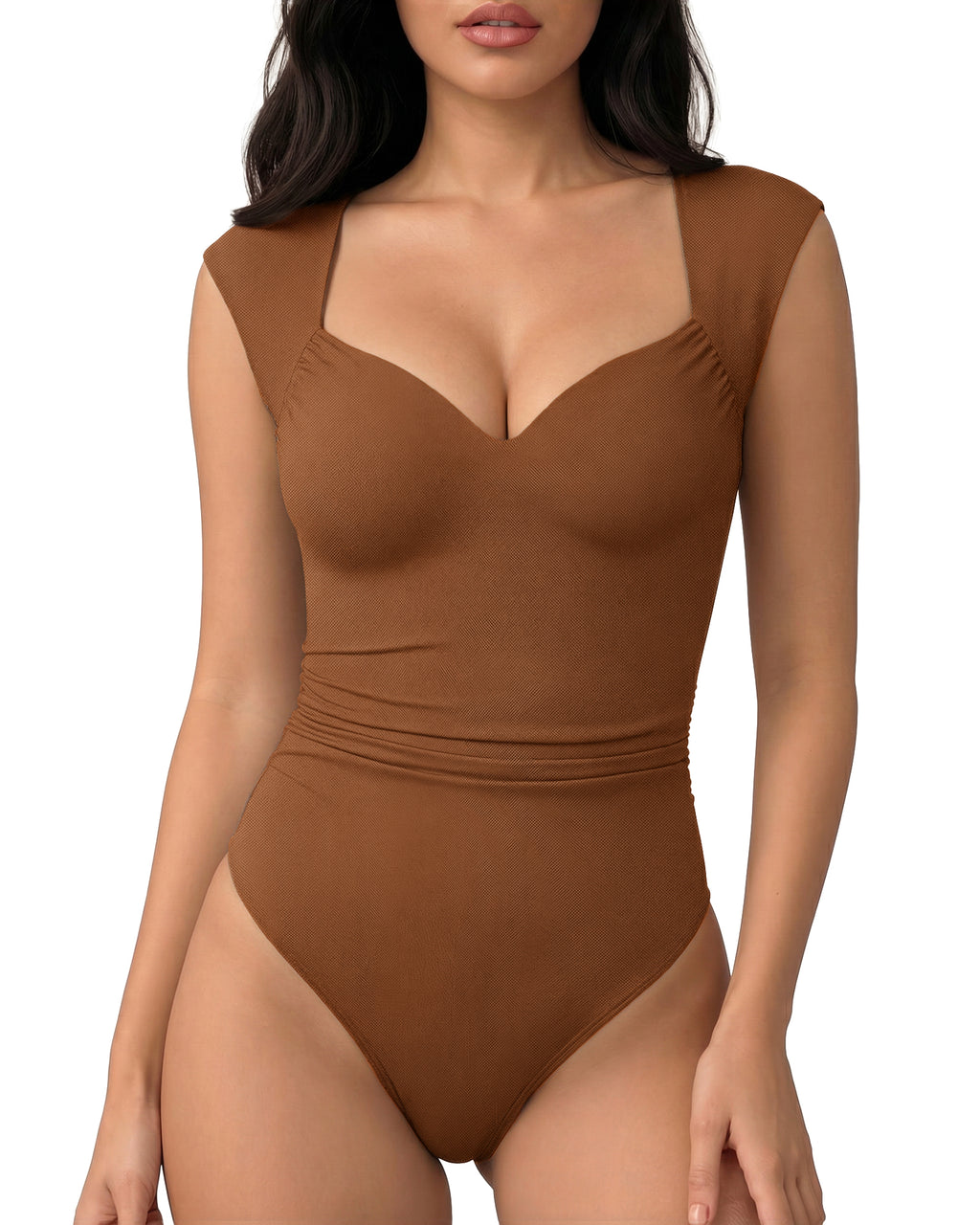 MANGOPOP Mesh Ruched Sweetheart Neck Sleeveless Bodysuit Brown