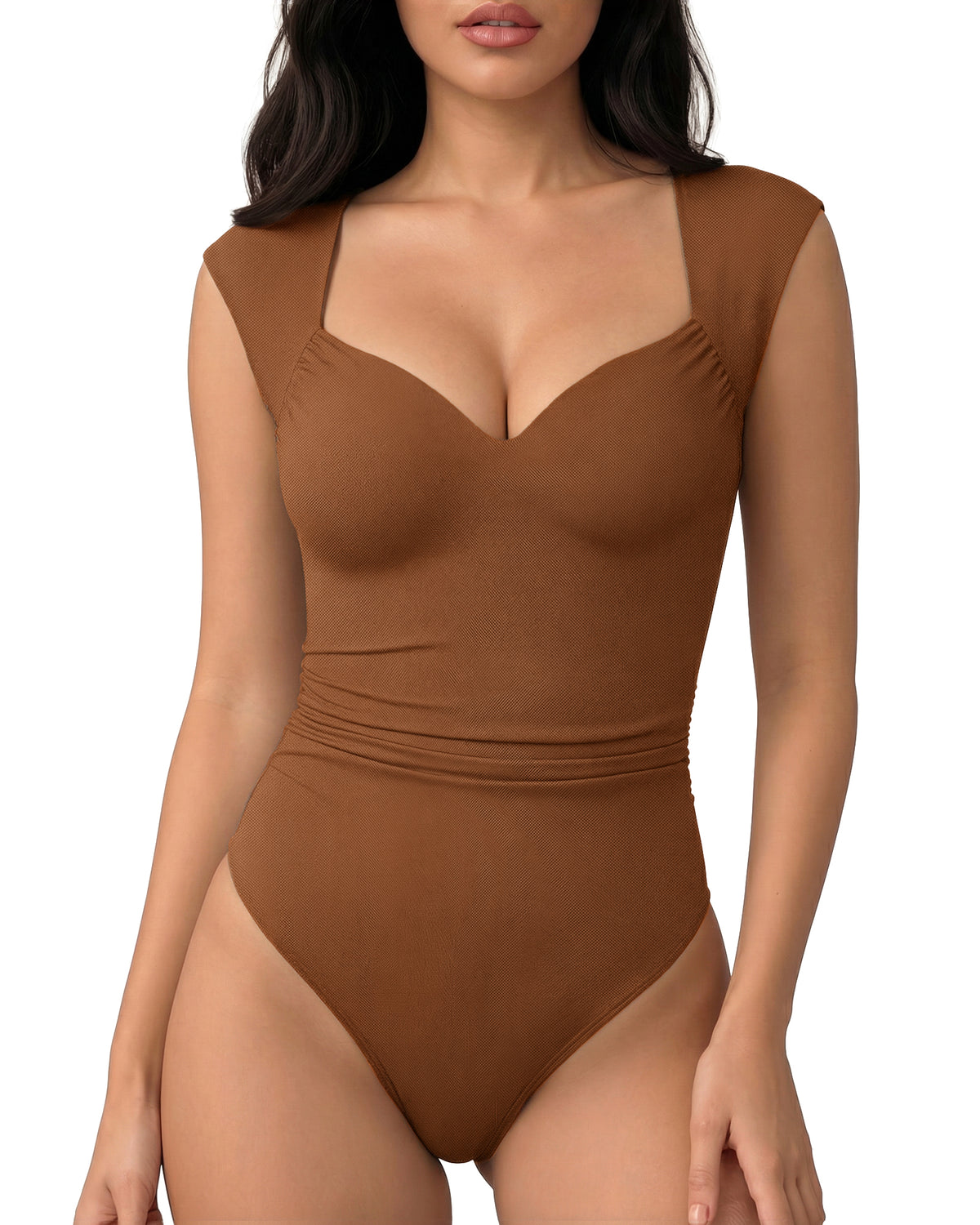 MANGOPOP Mesh Ruched Sweetheart Neck Sleeveless Bodysuit Brown
