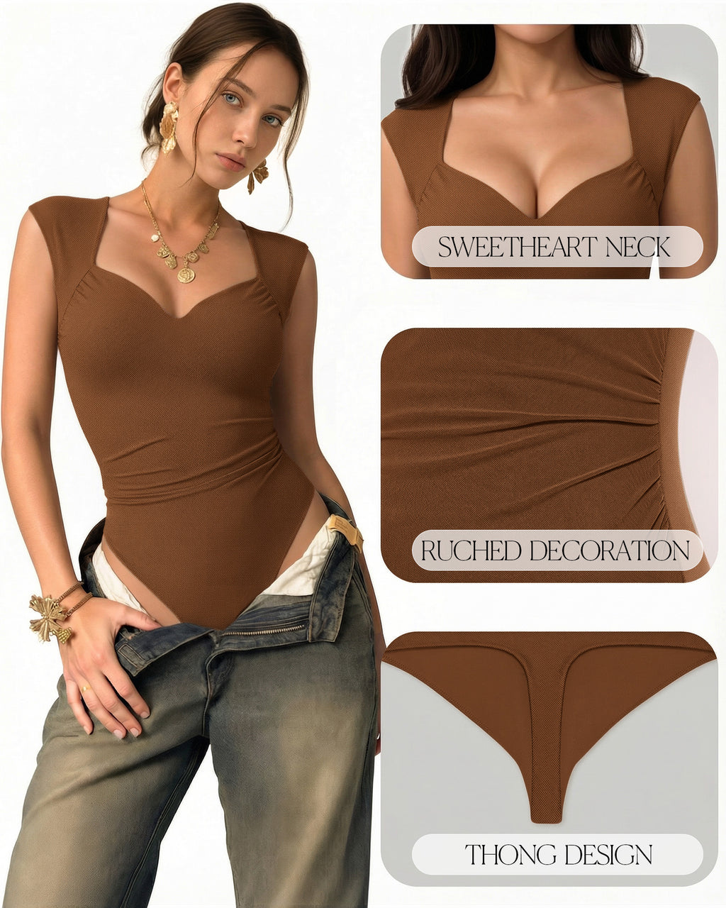 MANGOPOP Mesh Ruched Sweetheart Neck Sleeveless Bodysuit Brown