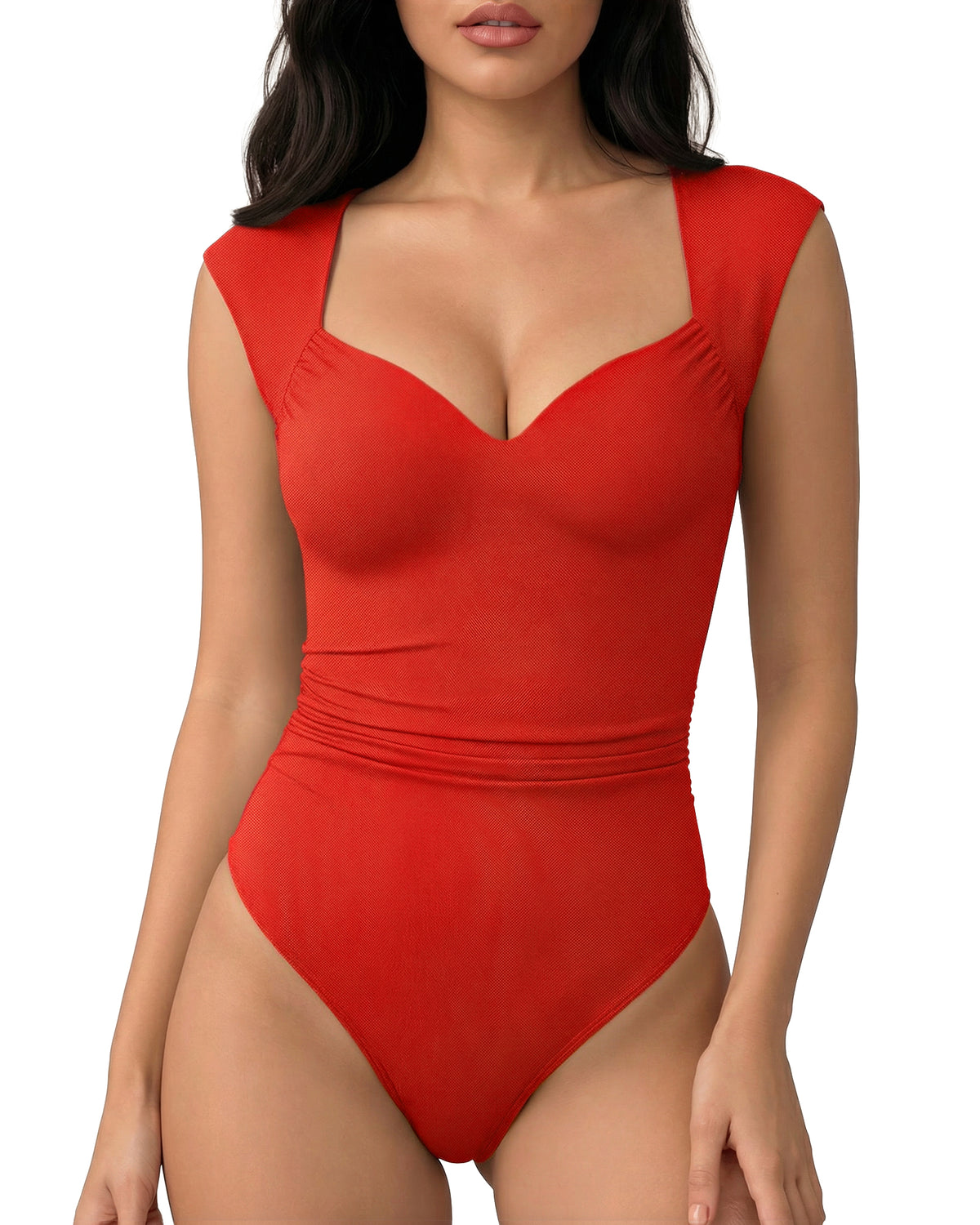 MANGOPOP Mesh Ruched Sweetheart Neck Sleeveless Bodysuit Red