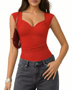 MANGOPOP Mesh Ruched Sweetheart Neck Sleeveless Bodysuit Red