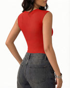 MANGOPOP Mesh Ruched Sweetheart Neck Sleeveless Bodysuit Red