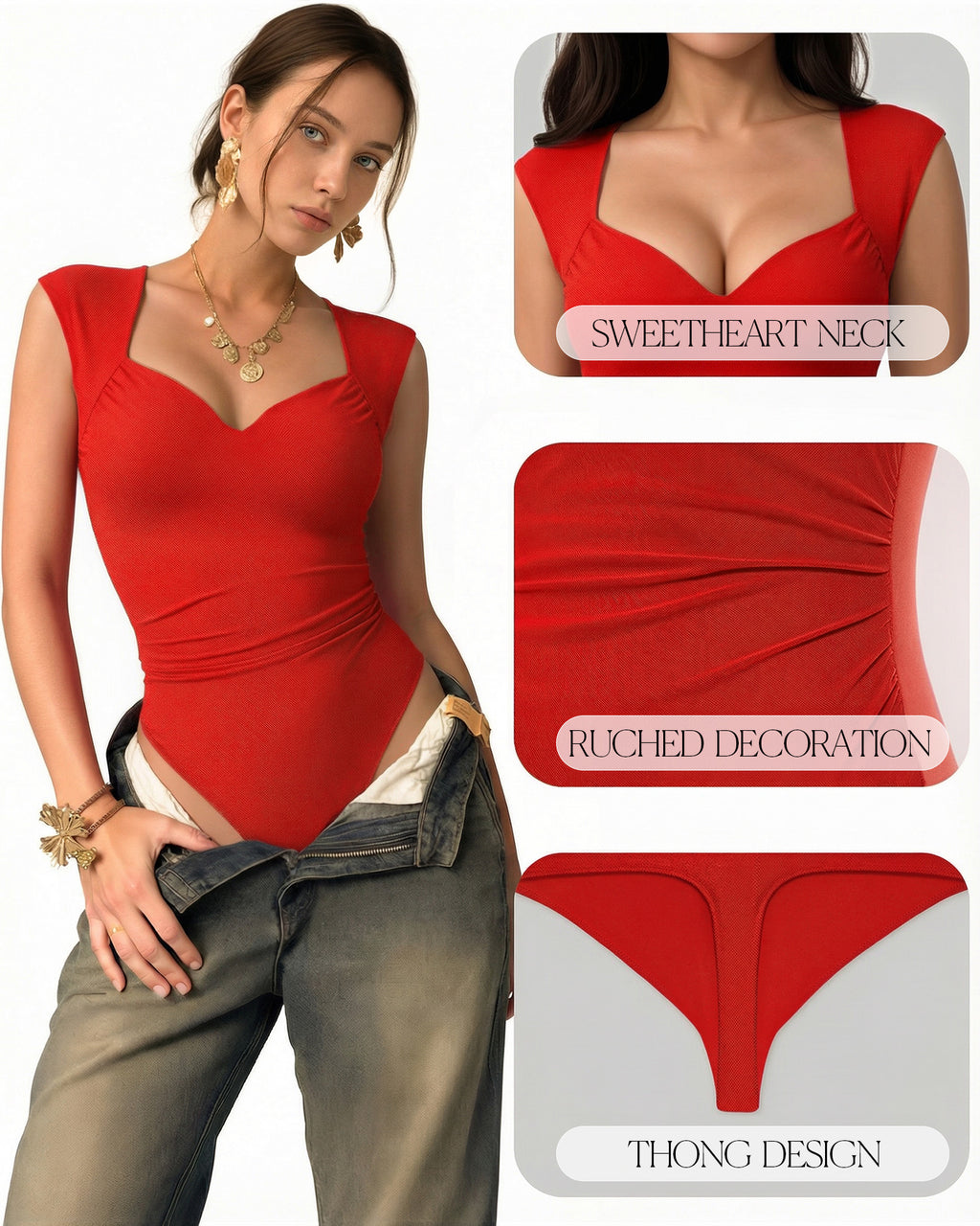 MANGOPOP Mesh Ruched Sweetheart Neck Sleeveless Bodysuit Red