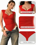 MANGOPOP Mesh Ruched Sweetheart Neck Sleeveless Bodysuit Red
