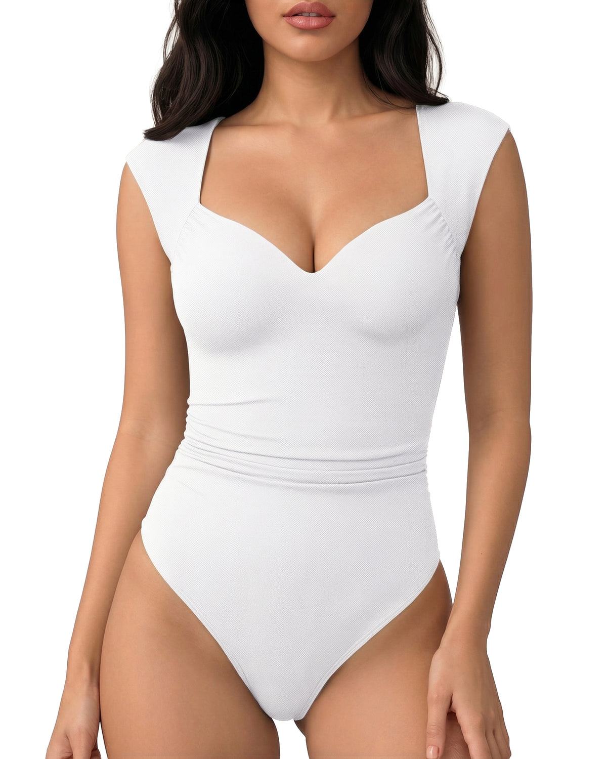 MANGOPOP Mesh Ruched Sweetheart Neck Sleeveless Bodysuit White