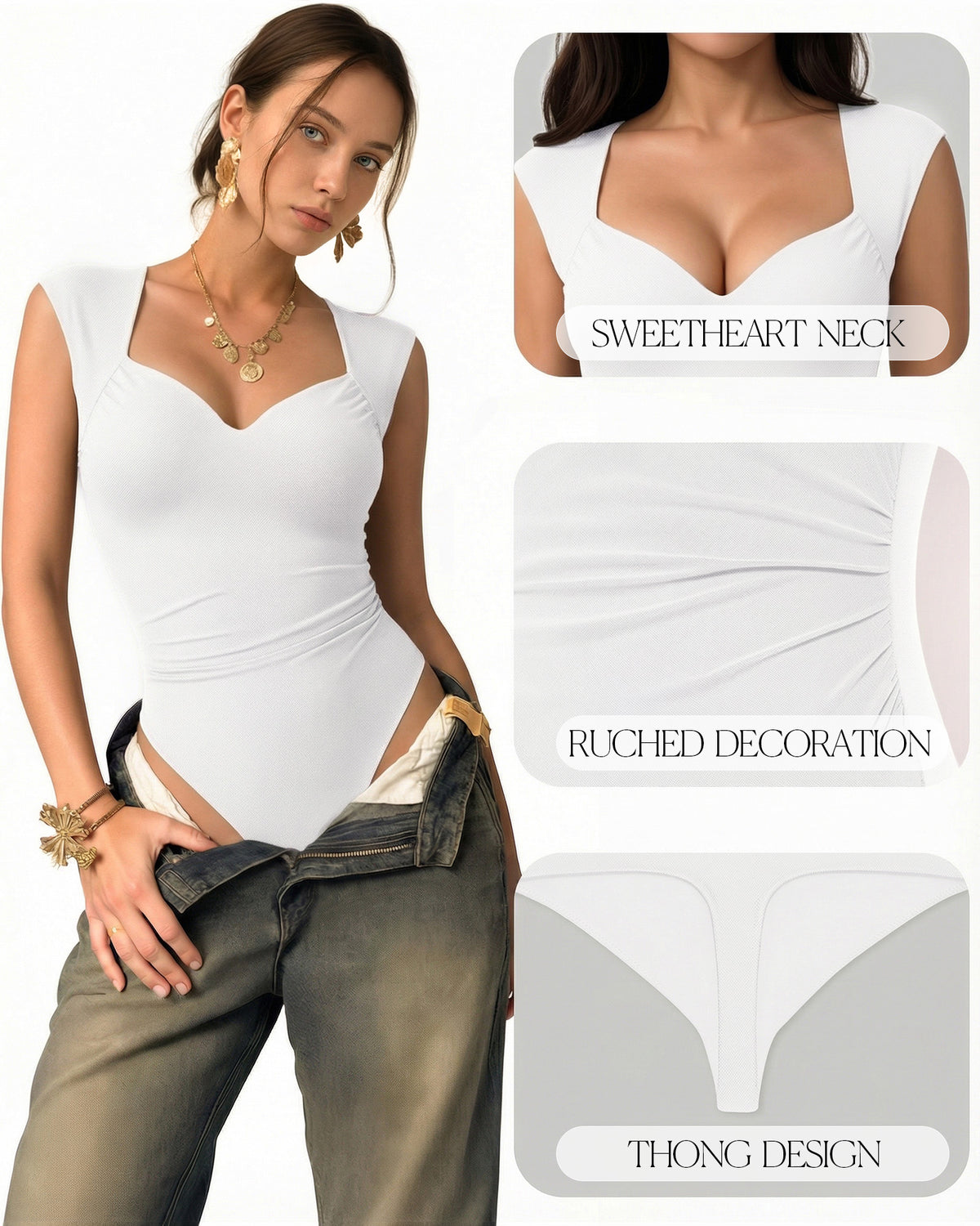 MANGOPOP Mesh Ruched Sweetheart Neck Sleeveless Bodysuit White