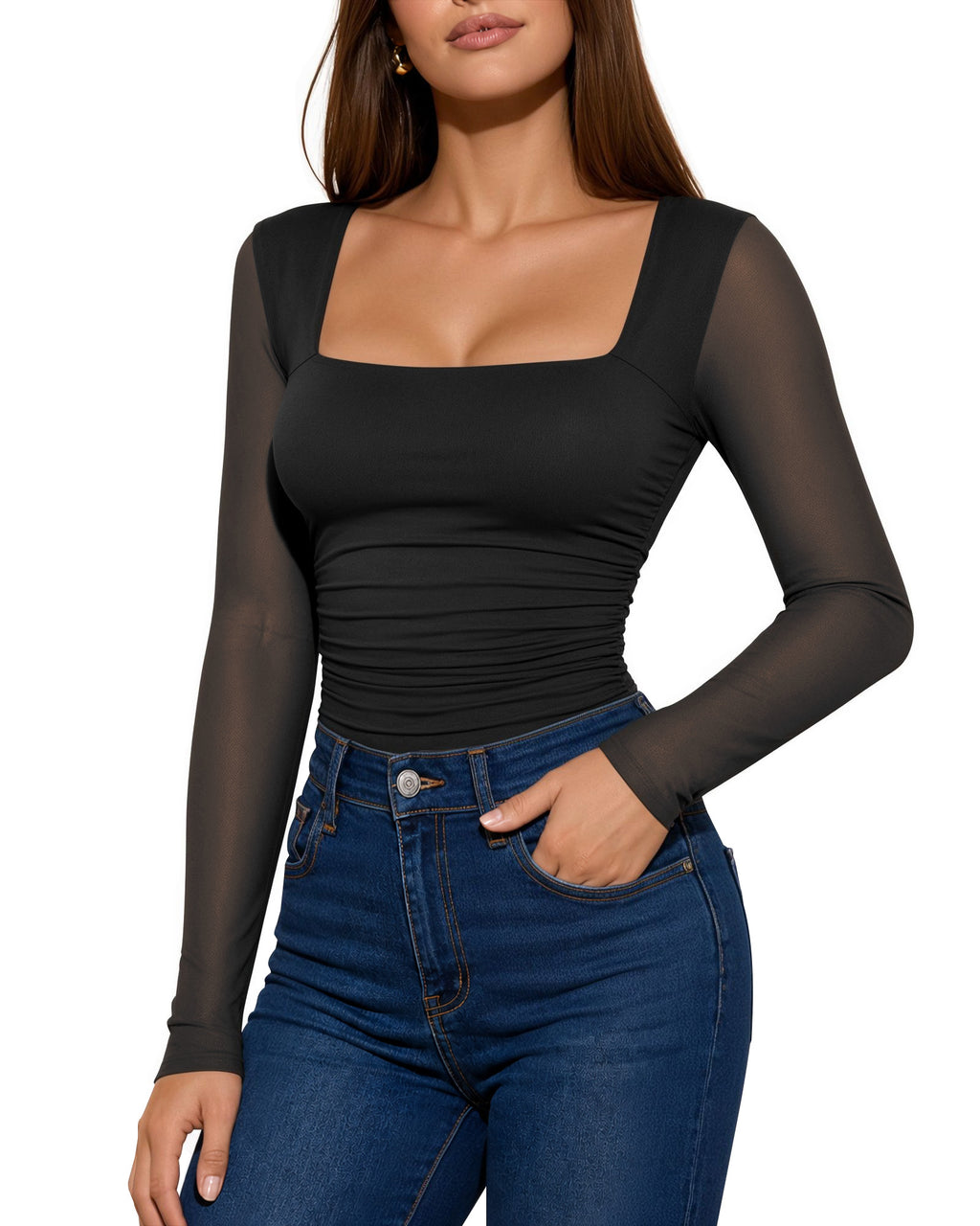 MANGOPOP Mesh Square Neck Long-Sleeve Sheer Ruched Bodysuit Black