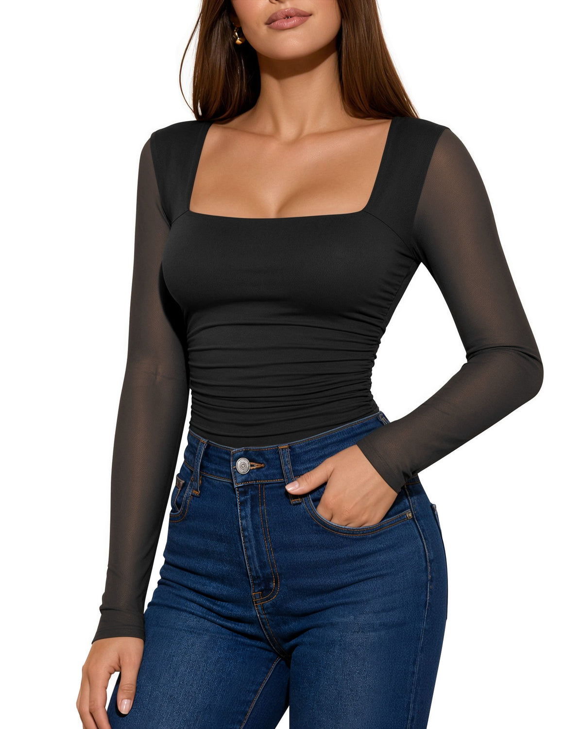 MANGOPOP Mesh Square Neck Long-Sleeve Sheer Ruched Bodysuit Black
