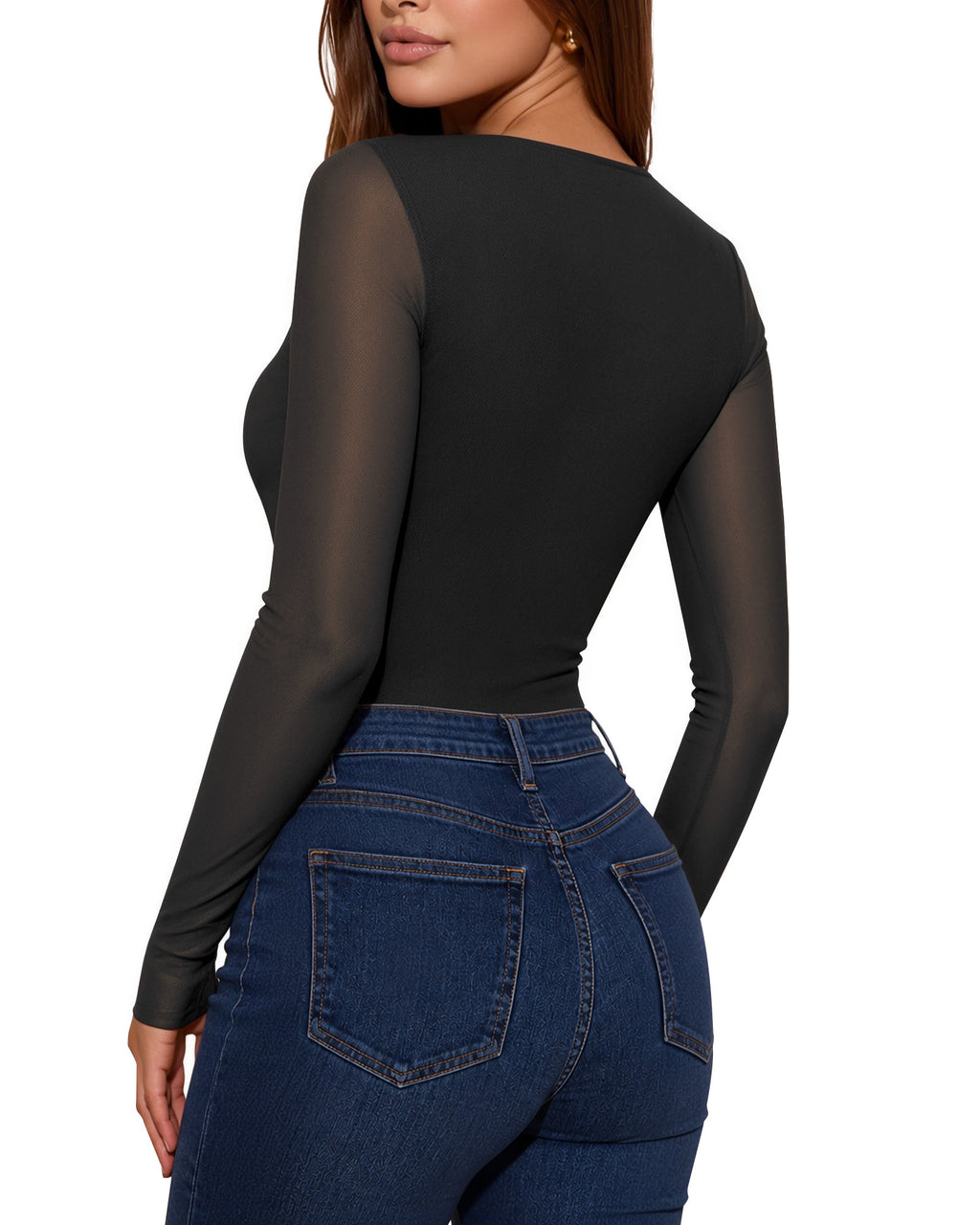 MANGOPOP Mesh Square Neck Long-Sleeve Sheer Ruched Bodysuit Black