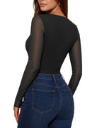 MANGOPOP Mesh Square Neck Long-Sleeve Sheer Ruched Bodysuit Black