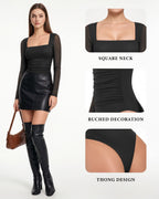 MANGOPOP Mesh Square Neck Long-Sleeve Sheer Ruched Bodysuit Black