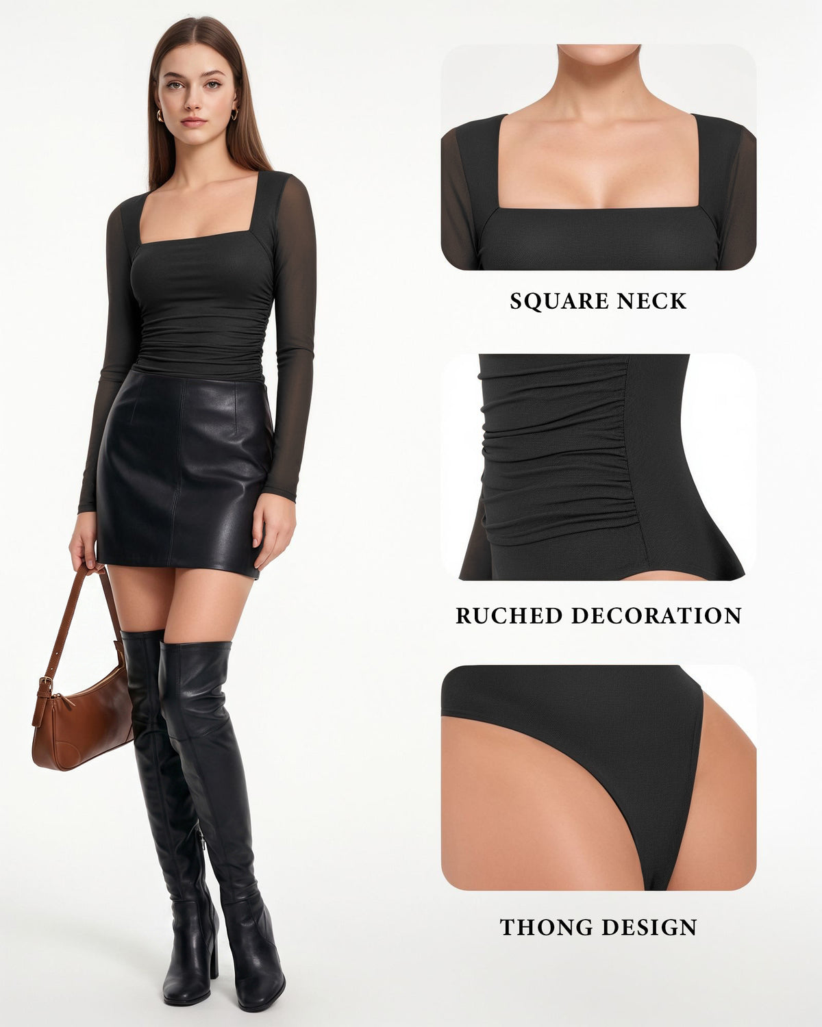 MANGOPOP Mesh Square Neck Long-Sleeve Sheer Ruched Bodysuit Black