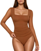 MANGOPOP Mesh Square Neck Long-Sleeve Sheer Ruched Bodysuit Coffee