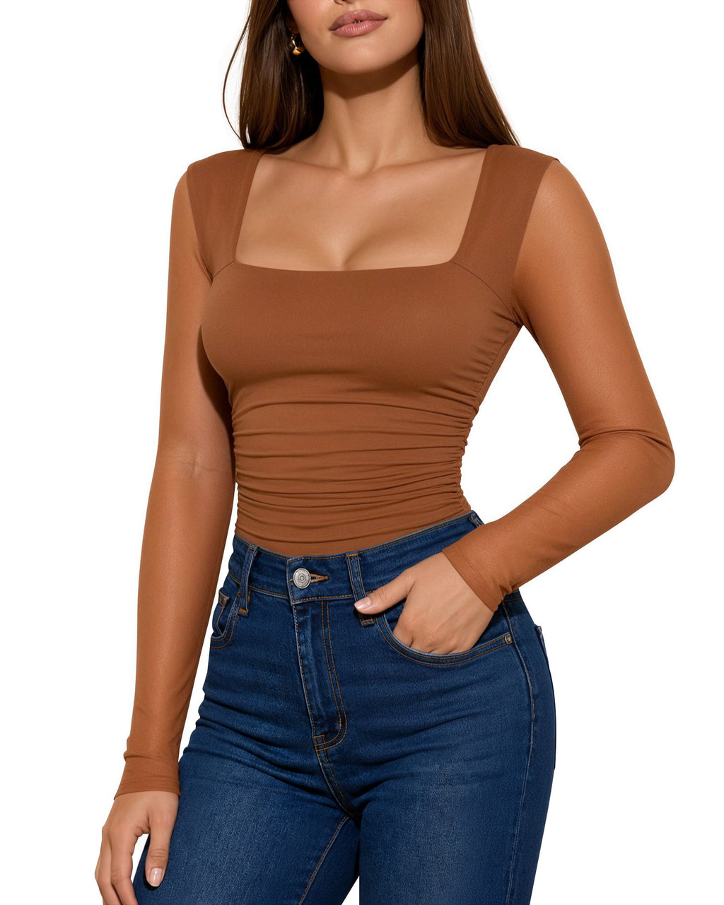 MANGOPOP Mesh Square Neck Long-Sleeve Sheer Ruched Bodysuit Coffee