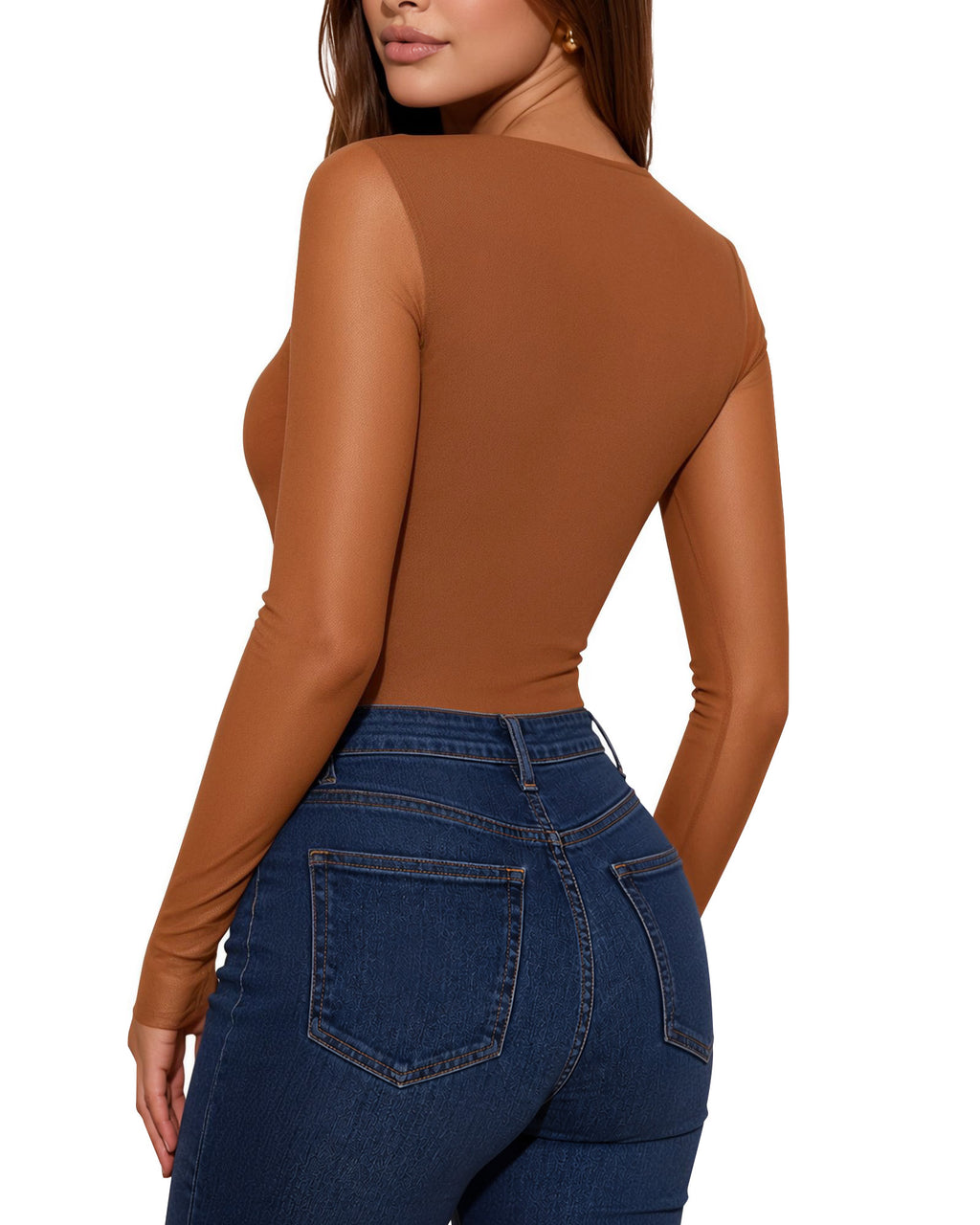MANGOPOP Mesh Square Neck Long-Sleeve Sheer Ruched Bodysuit Coffee