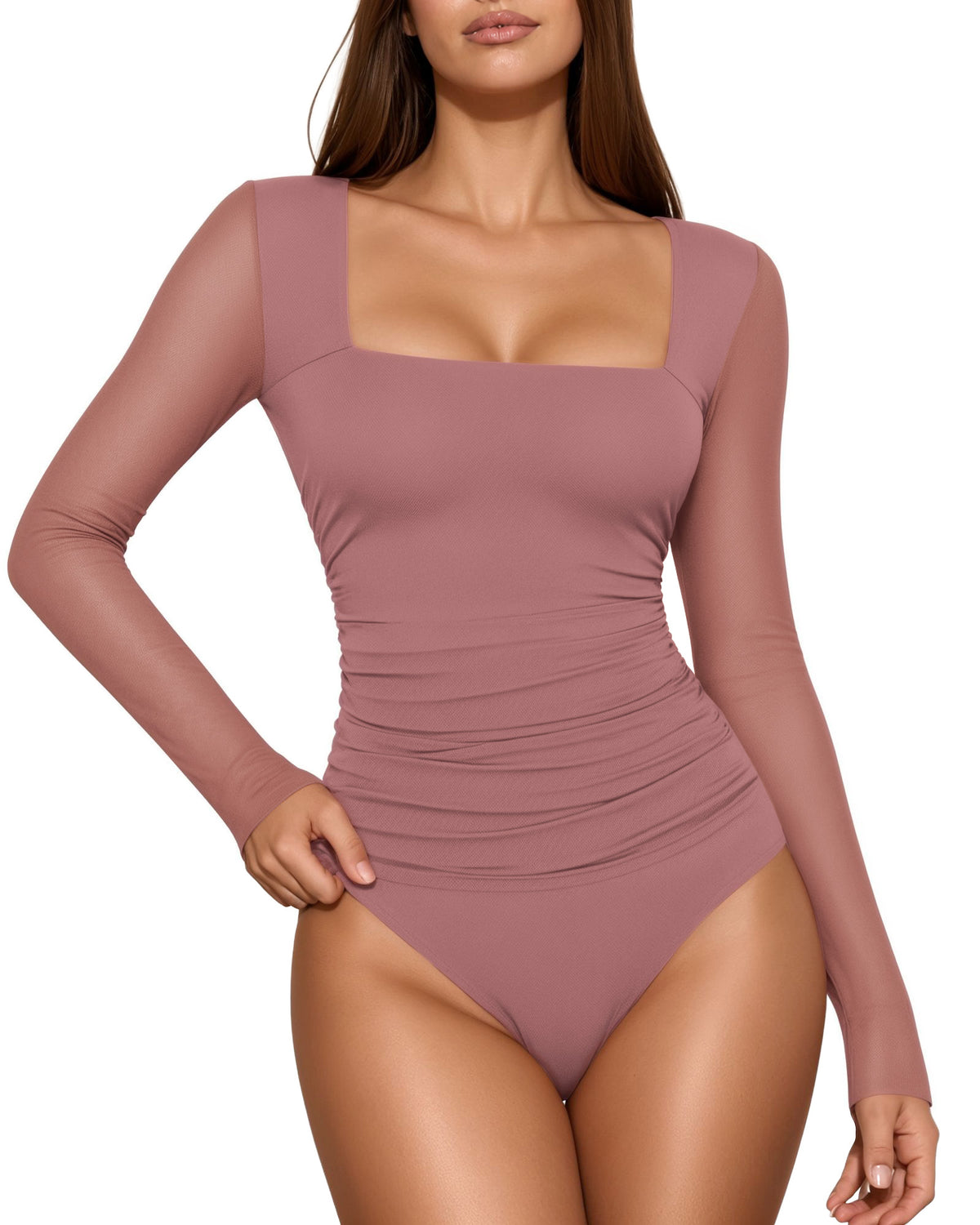 MANGOPOP Mesh Square Neck Long-Sleeve Sheer Ruched Bodysuit Marsala