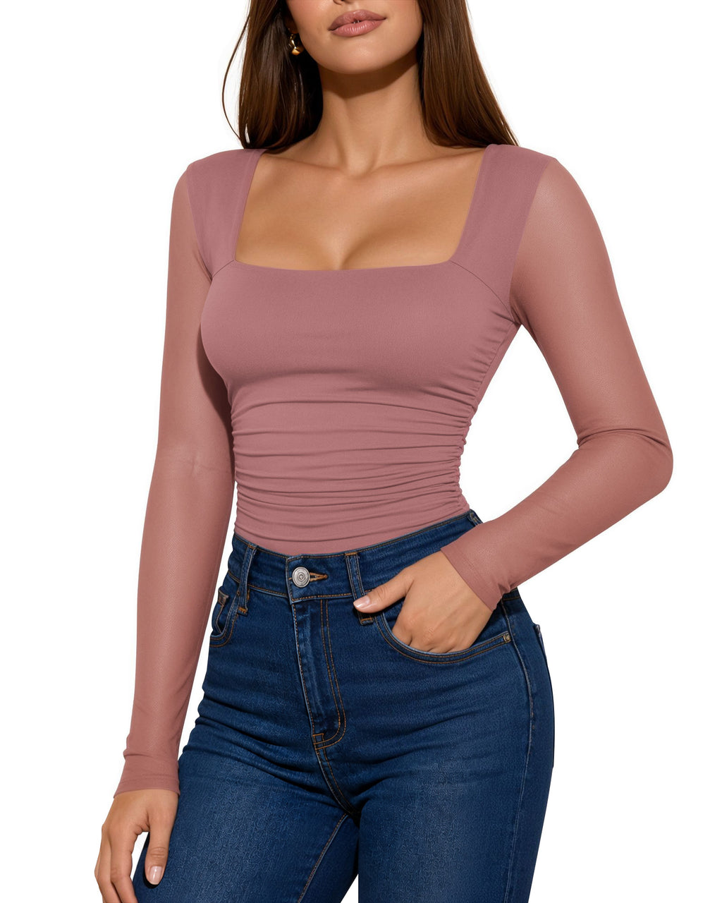 MANGOPOP Mesh Square Neck Long-Sleeve Sheer Ruched Bodysuit Marsala
