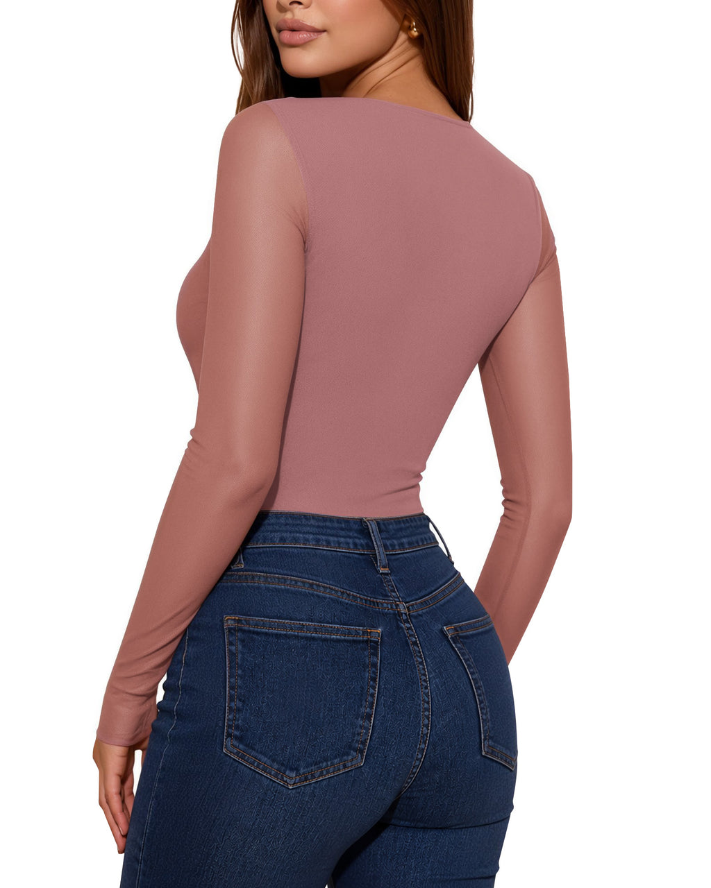 MANGOPOP Mesh Square Neck Long-Sleeve Sheer Ruched Bodysuit Marsala