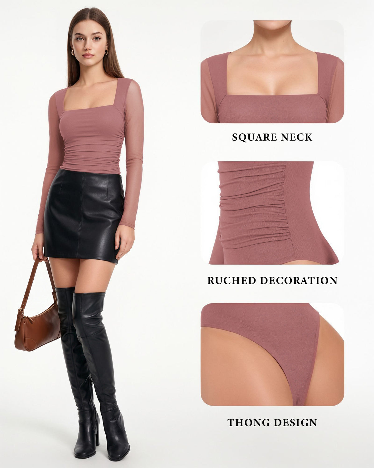 MANGOPOP Mesh Square Neck Long-Sleeve Sheer Ruched Bodysuit Marsala