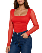 MANGOPOP Mesh Square Neck Long-Sleeve Sheer Ruched Bodysuit Red