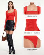 MANGOPOP Mesh Square Neck Long-Sleeve Sheer Ruched Bodysuit Red