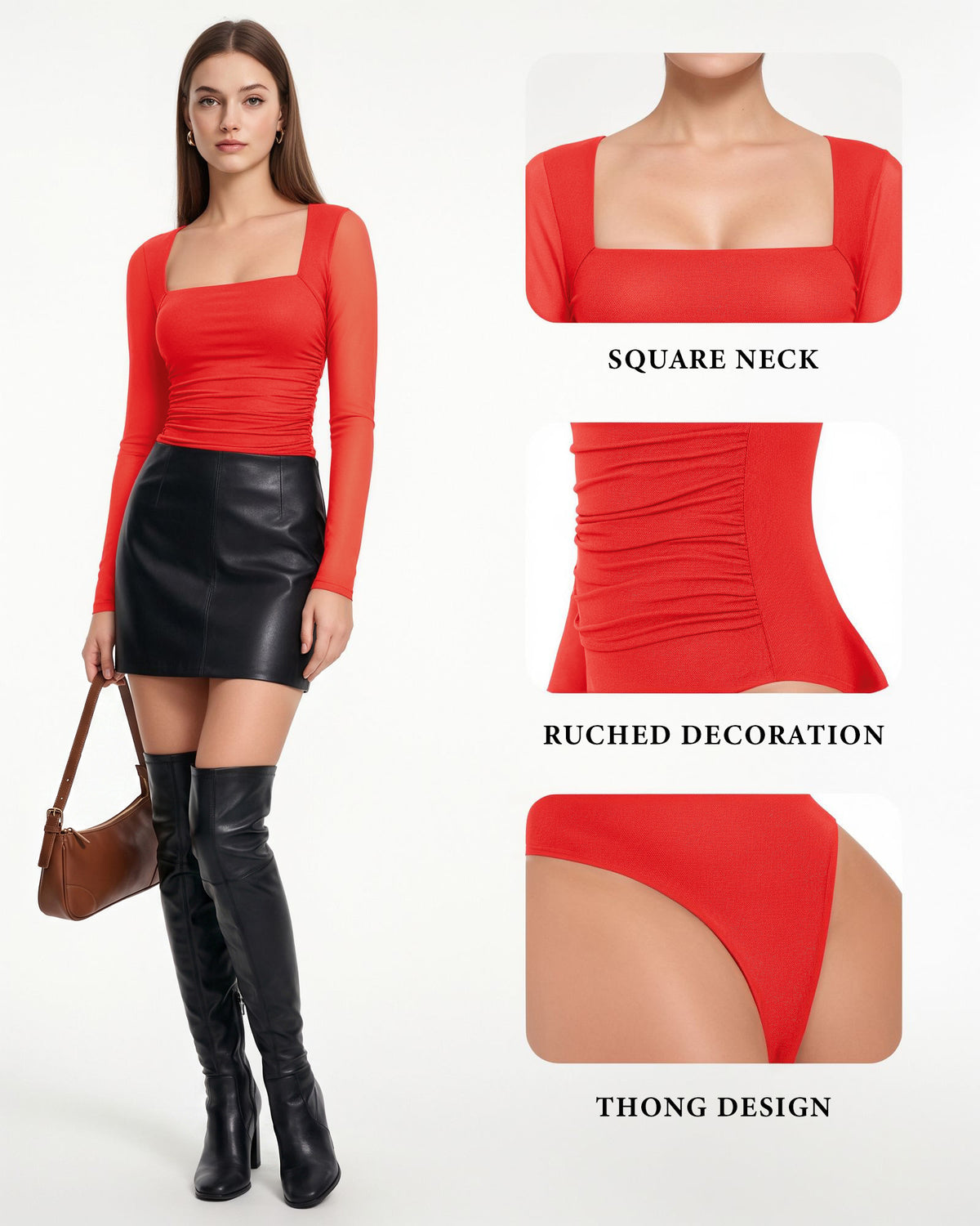 MANGOPOP Mesh Square Neck Long-Sleeve Sheer Ruched Bodysuit Red