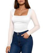 MANGOPOP Mesh Square Neck Long-Sleeve Sheer Ruched Bodysuit White